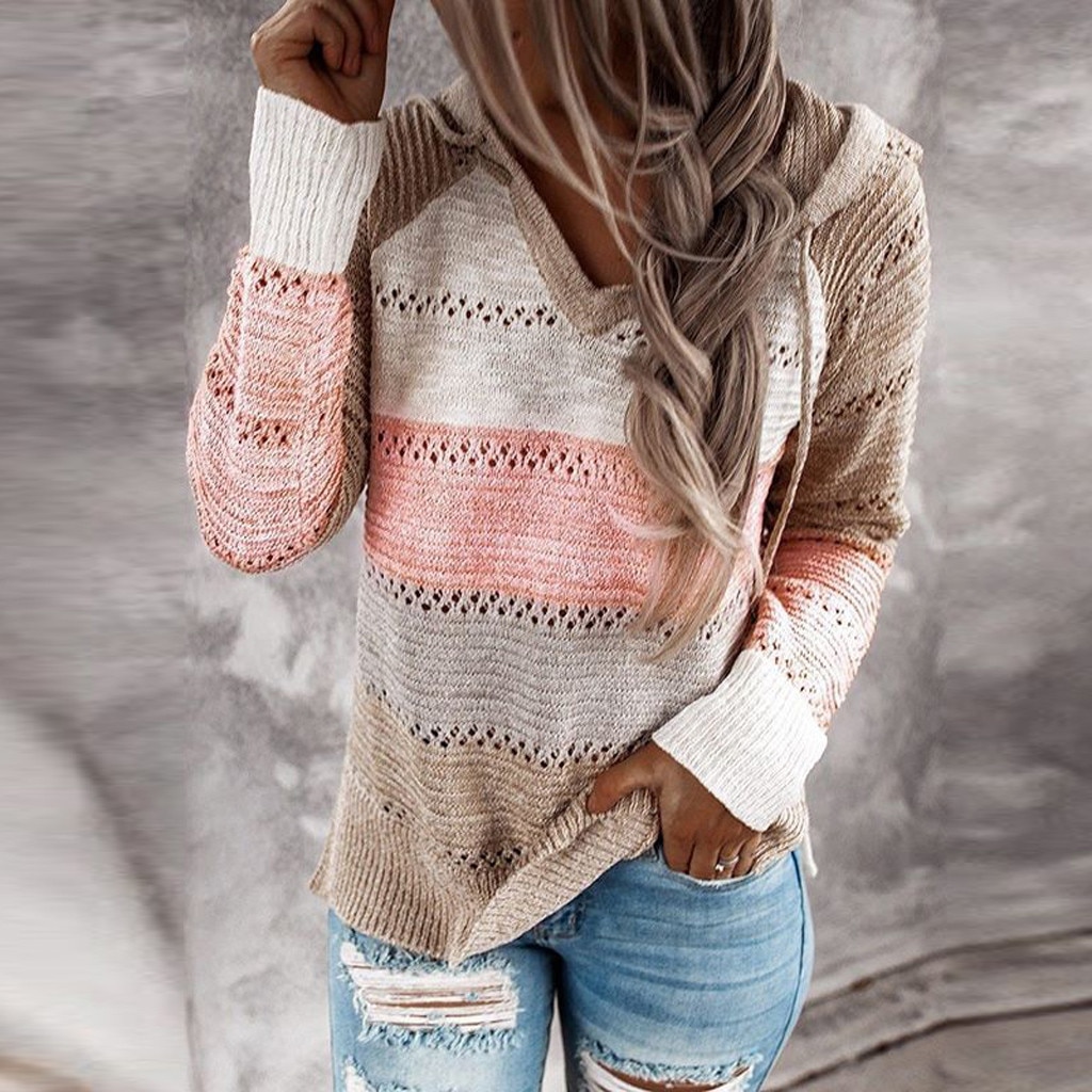 Women's V-Neck Patchwork Hooded Sweater