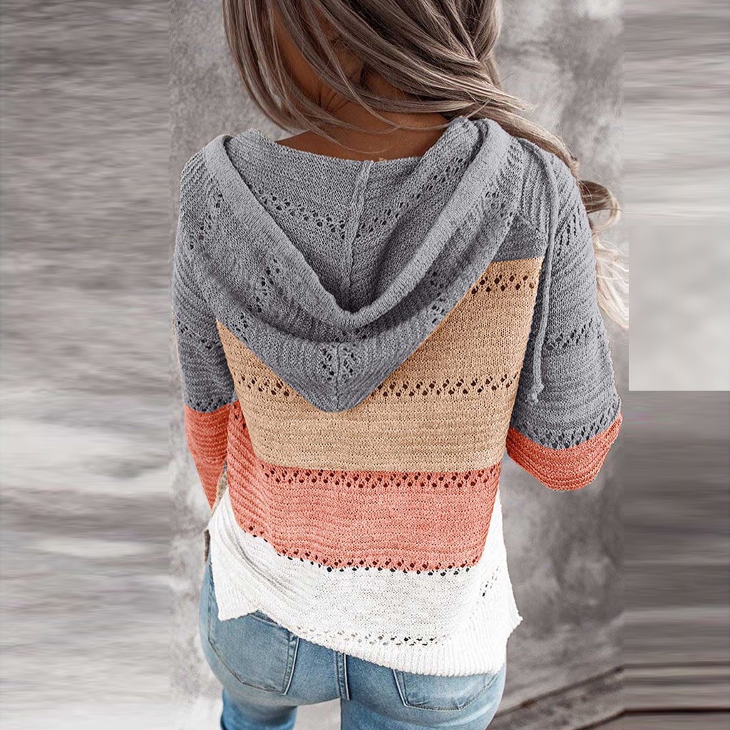 Women's V-Neck Patchwork Hooded Sweater