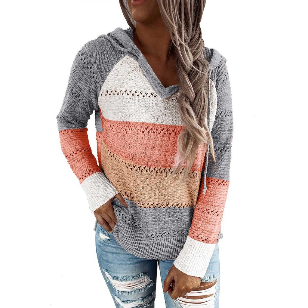Women's V-Neck Patchwork Hooded Sweater